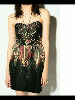 Ecote Strapless Black Dress with Multicolor Tribal Print Sz M